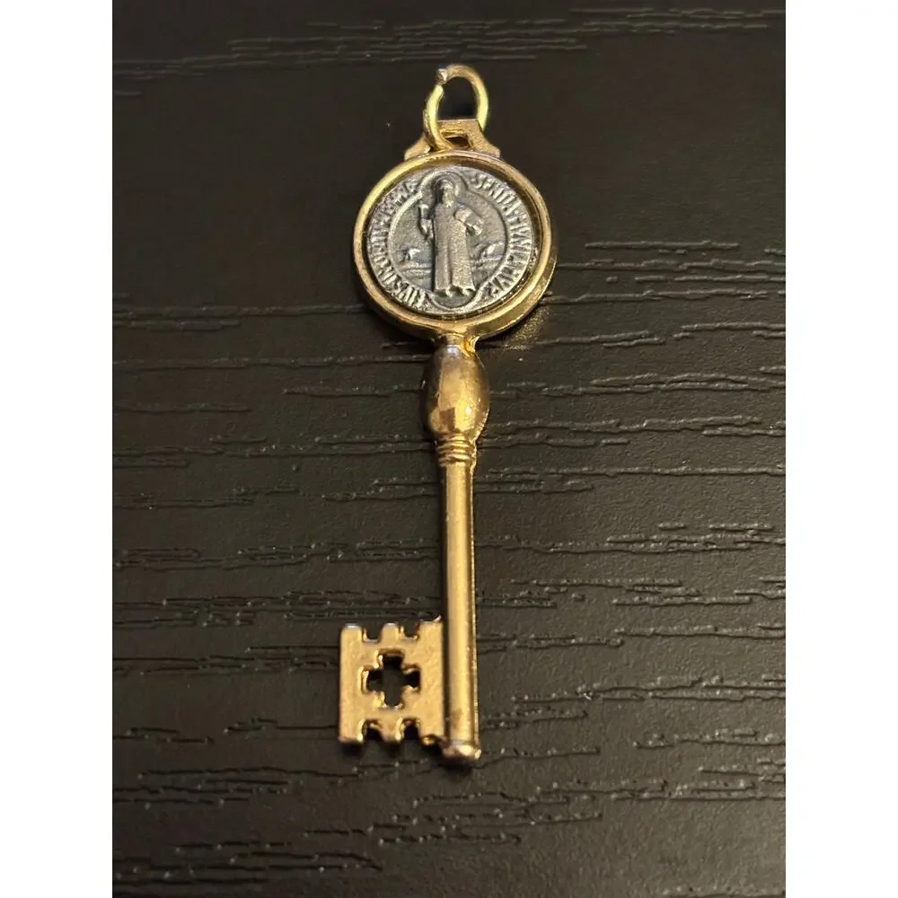 Vintage Gold Tone Saint Benedict Key Pendant Charm